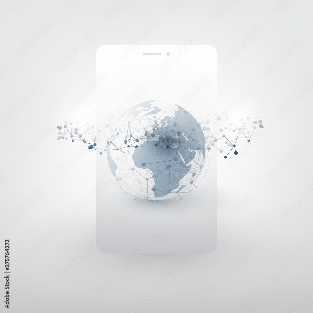 Aufkleber modern style global networks design with earth globe, network mesh and smartphone silhouette - vecto