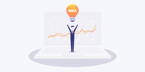 New Possibilities, Hope, Dreams - Happy Man with Arms Rised Standing on a Laptop Computer and Under a Light Bulb - Business, Creativity Vector Concept 