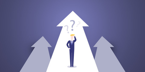     Choice, Way, Direction Design Concept - Decisions, Businessman Choosing, Deciding the Next Step - Man Standing in Front of an Arrow, Vector Illustration