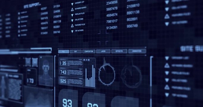 Animated scene of blue HUD displays.  The originals were licensed through Envato elements.