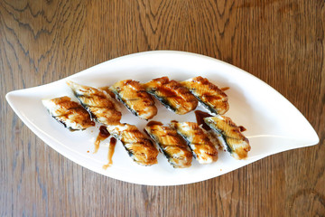 tuna sushi or rice topped with tuna, Japanese food