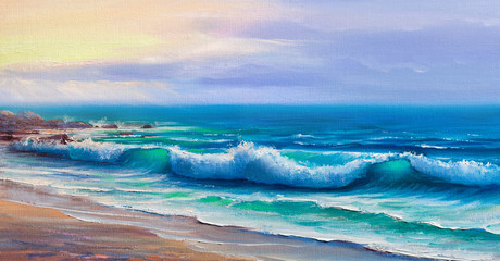 Morning on sea, wave, Oil painting