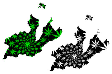 Naklejka premium Geneva (Cantons of Switzerland, Swiss cantons, Swiss Confederation) map is designed cannabis leaf green and black, Republic and Canton of Geneva map made of marijuana (marihuana,THC) foliage....