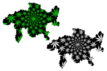 Grisons (Cantons of Switzerland, Swiss cantons, Swiss Confederation) map is designed cannabis leaf green and black, Canton of Graubünden map made of marijuana (marihuana,THC) foliage....