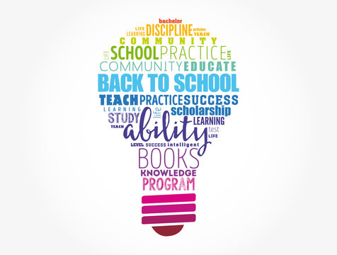 Back to School light bulb word cloud collage, education concept background