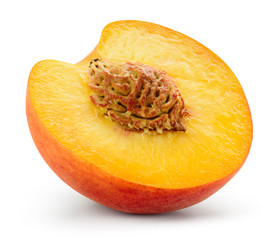 Peach slice on white background. Peach half isolated. With clipping path.