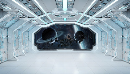 White blue spaceship futuristic interior with window view on space and planets 3d rendering