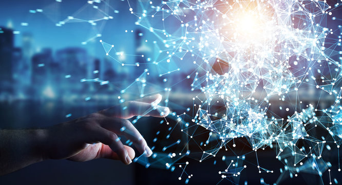 Businessman touching flying network connection 3D rendering