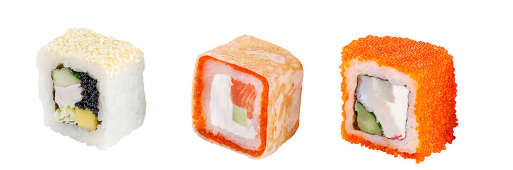 Classic sushi roll. Sushi on a white background. Japanese sushi seafood roll white background.
