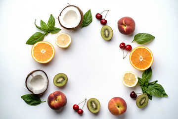 summer composition with fruits on white background. summertime vacation, healthy food. creative layout, banner or poster template with copy space for text design