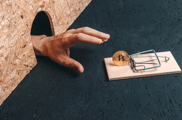 Man hand reaches for the coin bitcoin which is in a mousetrap. Concept, Finance and cryptocurrency.