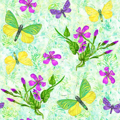 Tropical seamless pattern with exotic flowers and butterflies