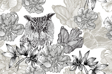 Bird owl and seamless floral background with tulips and scree. Hand-drawn, vector illustration. - 275771229