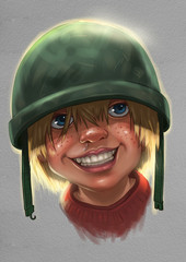 Happy little boy in an army helmet