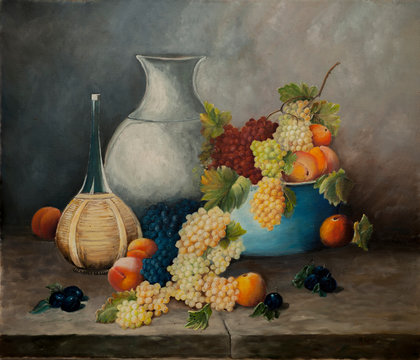 Still life with peaches, grapes and wine, oil painting