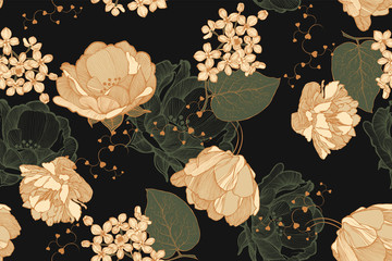 Fototapety  Kwiatowy wzór bezszwowe z róż, tulipanów i bzu. Rysunek, ilustracji wektorowych.