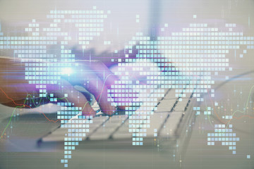 Double exposure of businessman working on laptop on background. International business hologram in front. Concept of success.