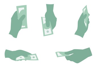 Hand with banknote icons collection. Dollar icon isolated on white,flat design,black line.Adaptable for websites and mobile applications.Vector image.