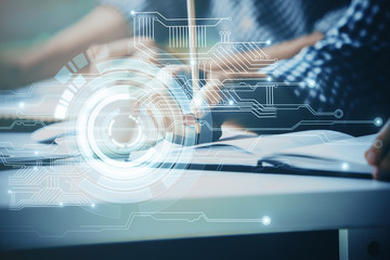 Writing man's hands background with technology icons.