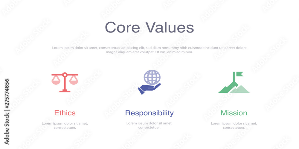 Aufkleber core values infographic design template wi̇th icons and 3 options or steps for process diagram