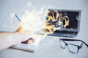 Man with multi exposure brain theme icons.