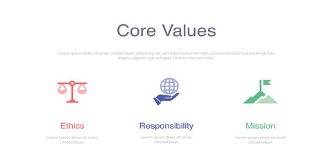 CORE VALUES INFOGRAPHIC DESIGN TEMPLATE WİTH ICONS AND 3 OPTIONS OR STEPS FOR PROCESS DIAGRAM
