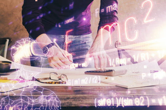 Student or teacher with mathematical and scientific formulas. Concepts of education.