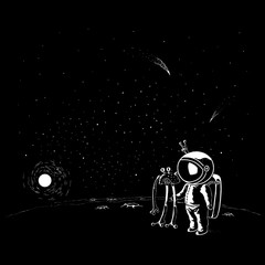 Doodle style ufo and astronaut vector characters. Spaceman in helmet and spacesuit © kora_ra_123