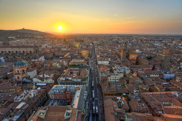 Fototapeta na wymiar Aerial view and sunset on Bologna city of Italy in Emilia Romagna