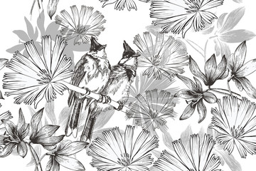 Seamless vintage background with two birds and flowers. wallpaper. Hand-drawn, vector illustration. - 275775662