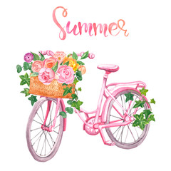 Fototapeta na wymiar Watercolor floral bicycle, isolated. Romantic pink bike, basket and flowers on white background. Widding design, cards, invitations.