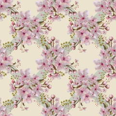 Pink Flower Vignette Seamless Pattern. Sakura on Diagonal Continuous Design for Romantic  Background, Wedding Wrapping Paper, Textile, etc.