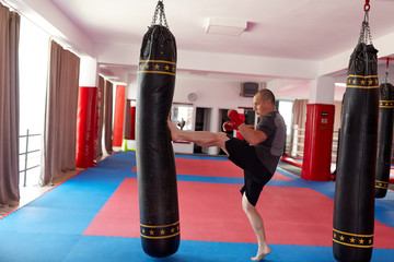 Fighter kicking the heavy bag