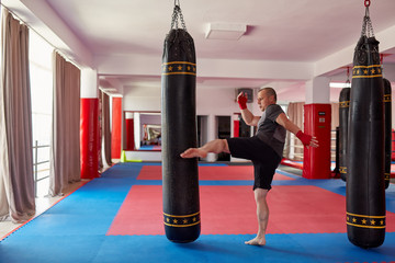 Fighter kicking the heavy bag