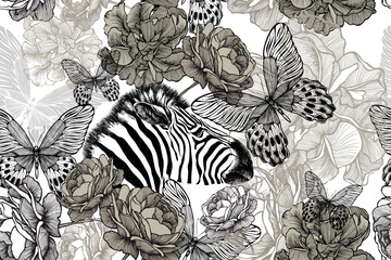 Zebra z kwiatami i motylami. Bezszwowe tapetą z motywem kwiatowym. Rysunek, ilustracji wektorowych. - 275776027