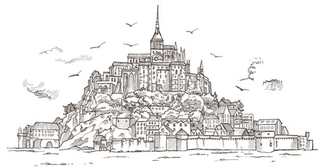 Le Mont Saint Michel ,Normandy, France. Hand drawn sketch illustration in vector