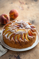 peach cake  on wooden table