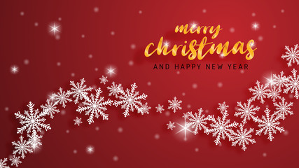 Merry Christmas and Happy new year greeting card in paper cut style background. Vector illustration Christmas celebration snowflakes on red background for banner, flyer, poster, wallpaper, template.