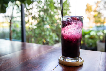 Summer blueberry beverage with sparkling water and ice.