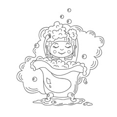 Young cute teenage girl takes bath sits in bath tub smiling, wash head by hands, surrounded by wet steam and soap bubbles. Black and white doodle cartoon vector illustration isolated, coloring book