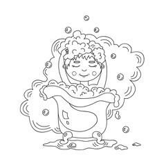 Young cute teenage boy takes bath sits in bath tub smiling, wash head by hands, surrounded by wet steam and soap bubbles. Black and white doodle cartoon vector illustration isolated, coloring book