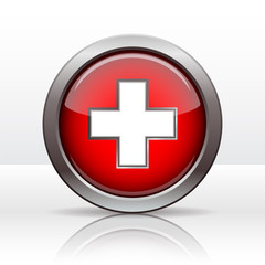 Bright button with flag of Swiss. Vector