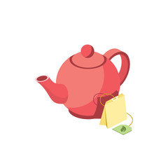 Red tea kettle and Tea packaging. Vector 3d isometric color icon new flat style. Creative illustration, idea for infographics.
