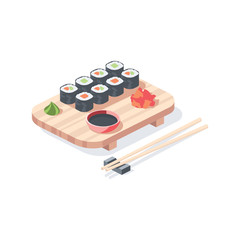 Sushi roll food. Vector 3d isometric color icon new flat style. Creative illustration, idea for infographics.