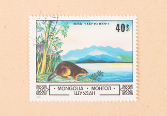 MONGOLIA - CIRCA 1973: A stamp printed in Mongolia shows a beaver and a lake in western Mongolia,...