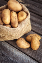 Raw potato food . Fresh potatoes in an old sack on wooden background