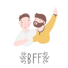 Two best friends hipster boys laughing and hug. Vector illustration about friendship isolated on white with floral background. Happy Friendship day card Vector.