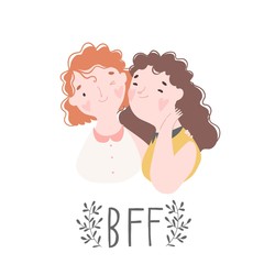 Two best friends girls laughing and hug. Vector illustration about friendship isolated on white. Happy Friendship day card Vector.