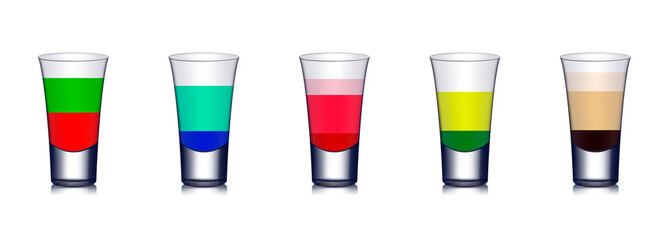 Five colorful cocktails with bright colors.