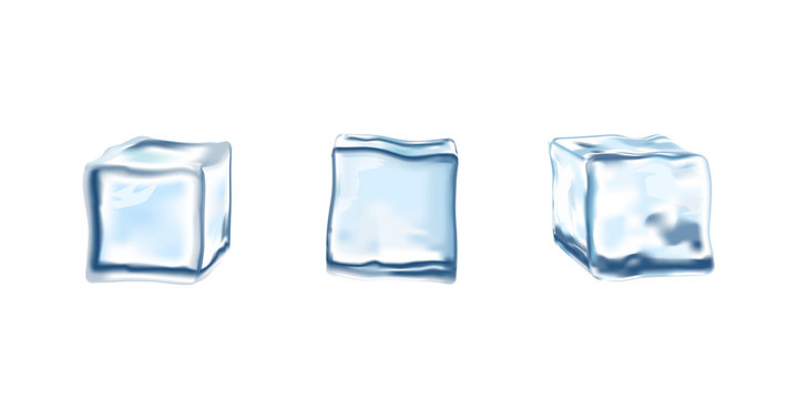 Three realistic blue ice cubes